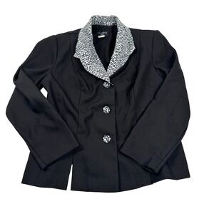 Virgo Petite Vintage Black Blazer Leopard Print Collar Button Up Jacket Size 14P